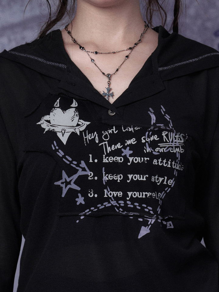 Graffiti Graphic Hooded Long Sleeve Top