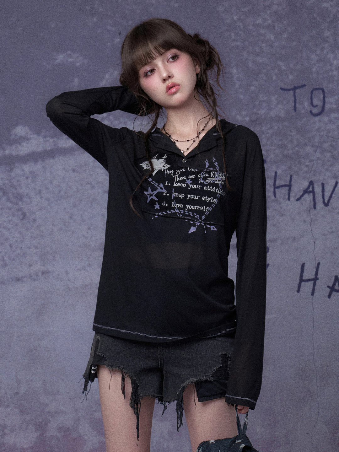 Graffiti Graphic Hooded Long Sleeve Top