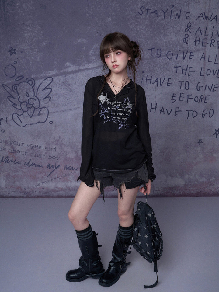Graffiti Graphic Hooded Long Sleeve Top