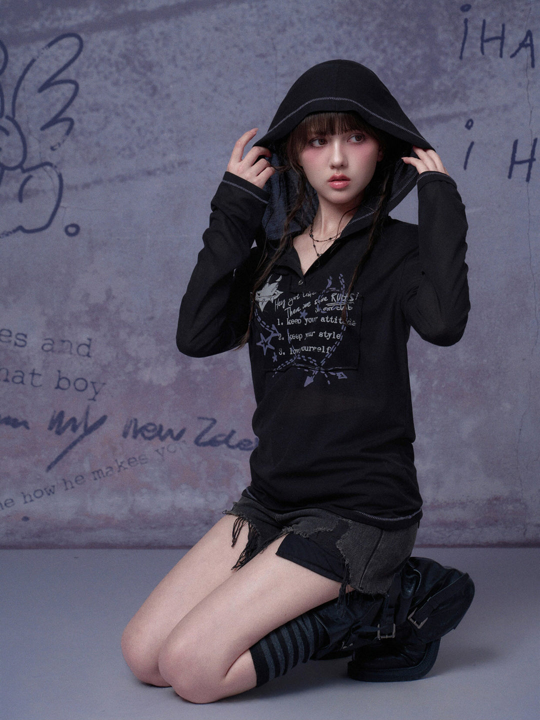 Graffiti Graphic Hooded Long Sleeve Top