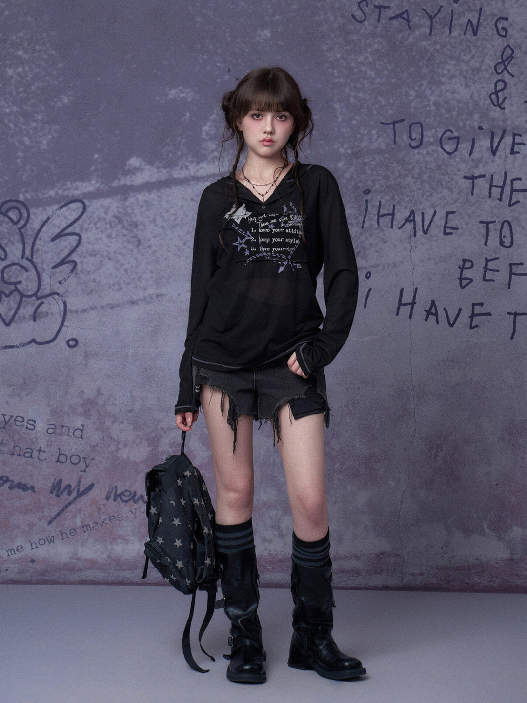 Graffiti Graphic Hooded Long Sleeve Top