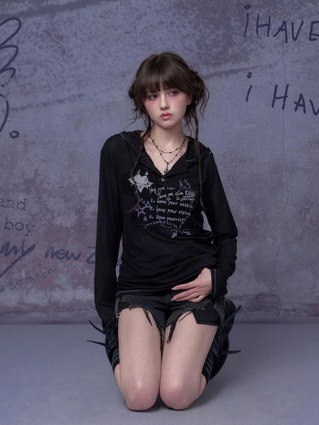 Graffiti Graphic Hooded Long Sleeve Top