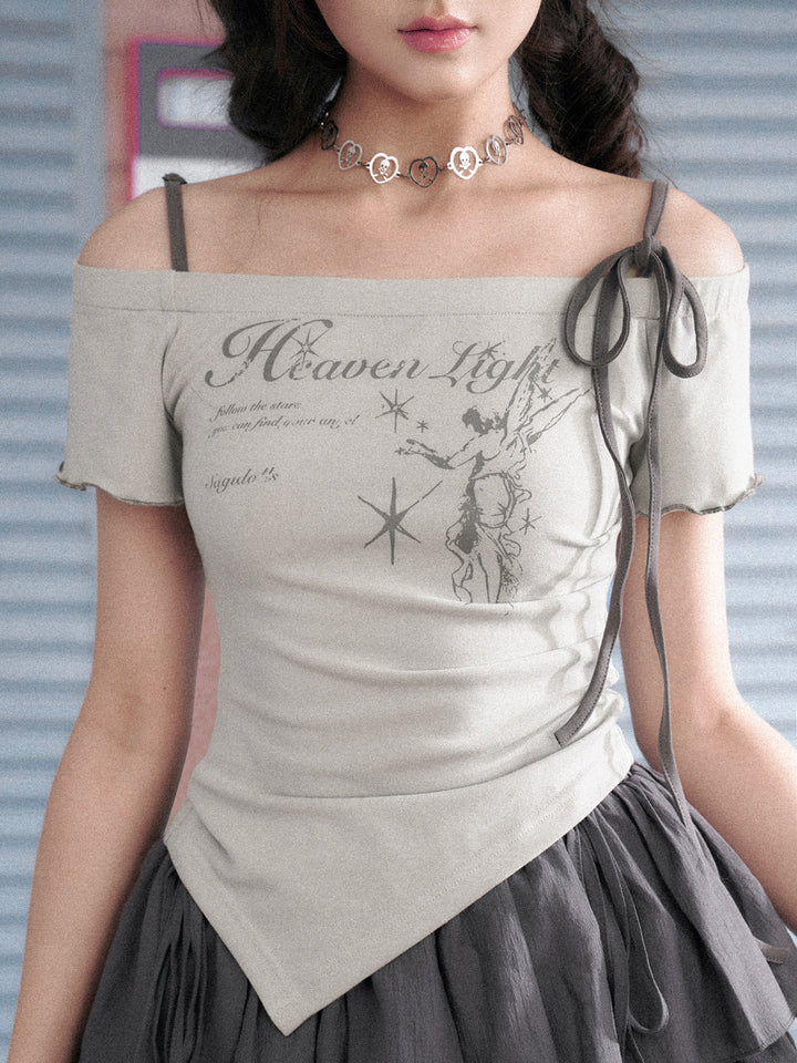Angel Graphic Asymmetric Off-Shoulder Top