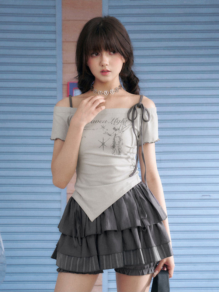 Angel Graphic Asymmetric Off-Shoulder Top