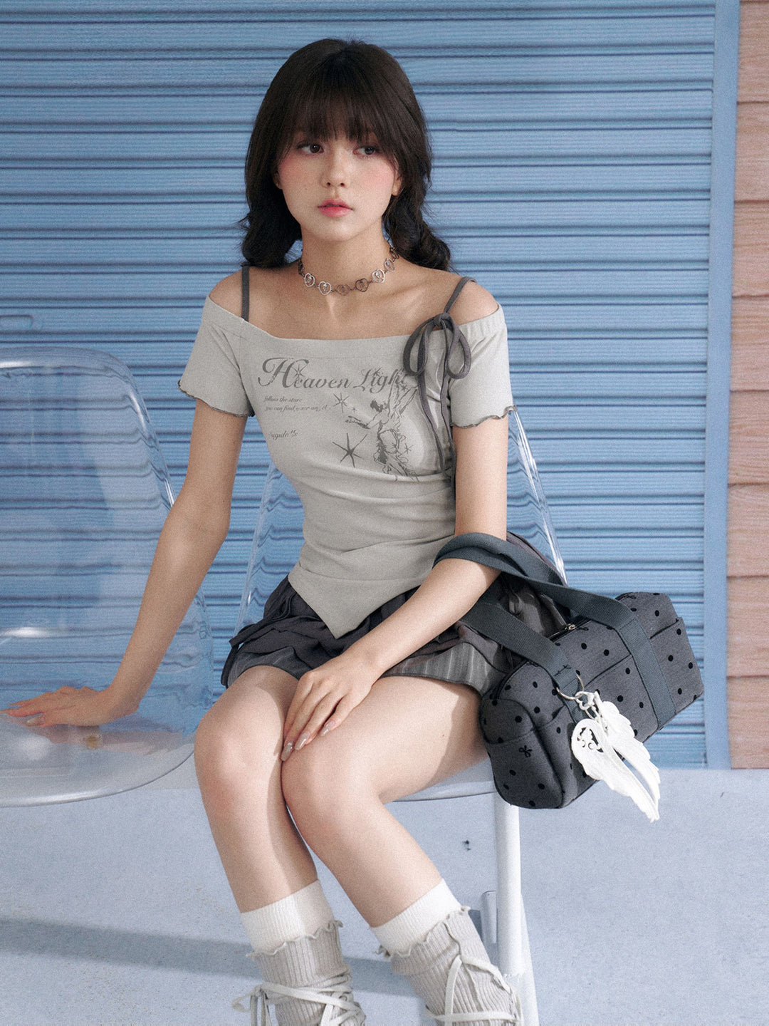 Angel Graphic Asymmetric Off-Shoulder Top