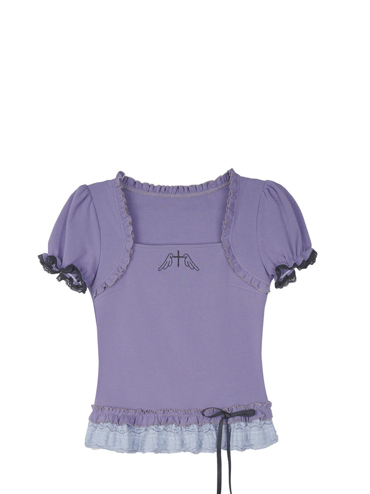 Purple Wing Motif Lace Hem Top