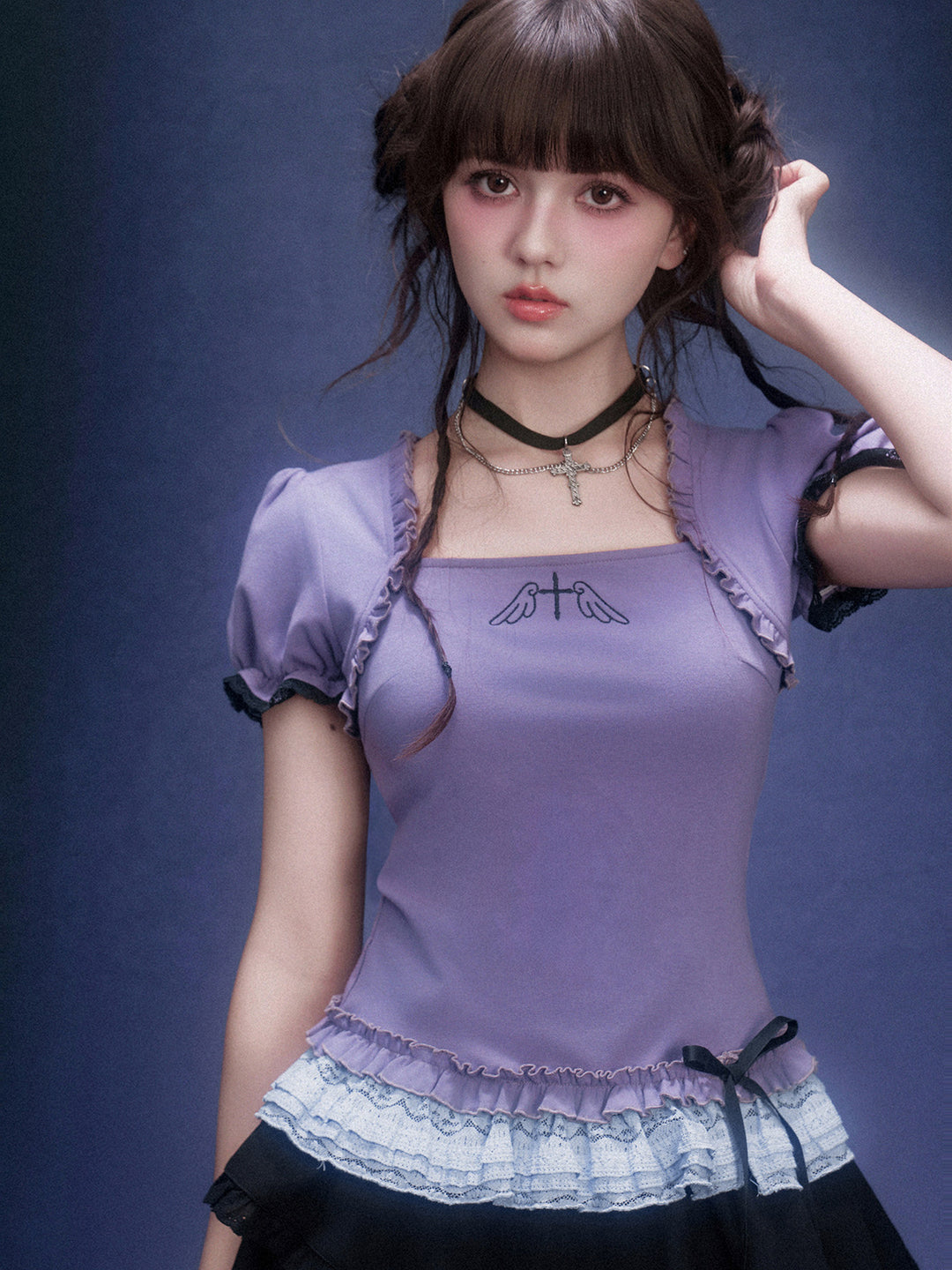 Purple Wing Motif Lace Hem Top
