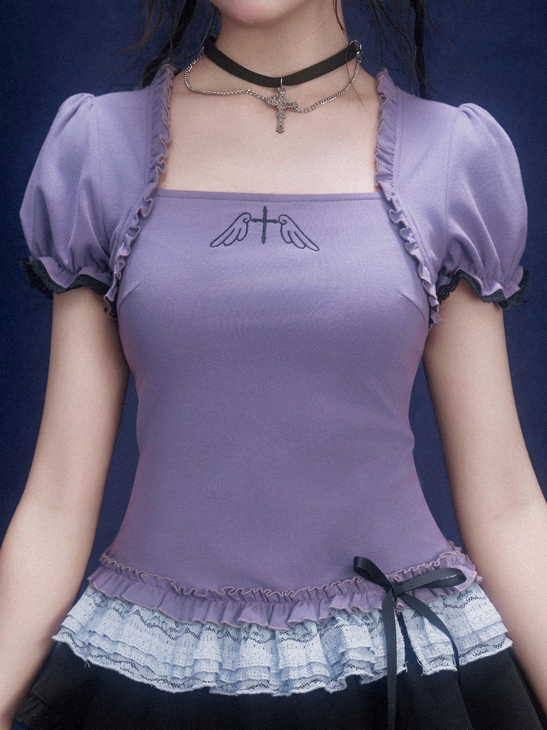 Purple Wing Motif Lace Hem Top