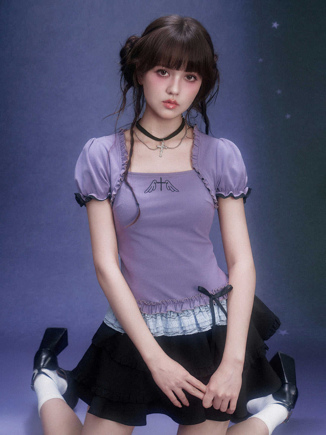 Purple Wing Motif Lace Hem Top