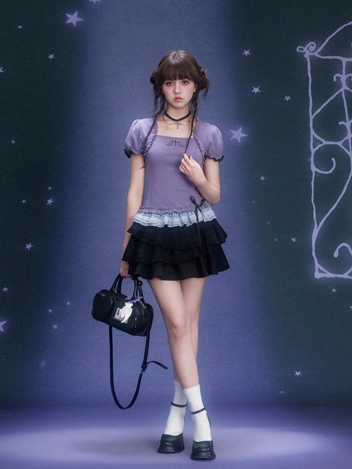 Purple Wing Motif Lace Hem Top