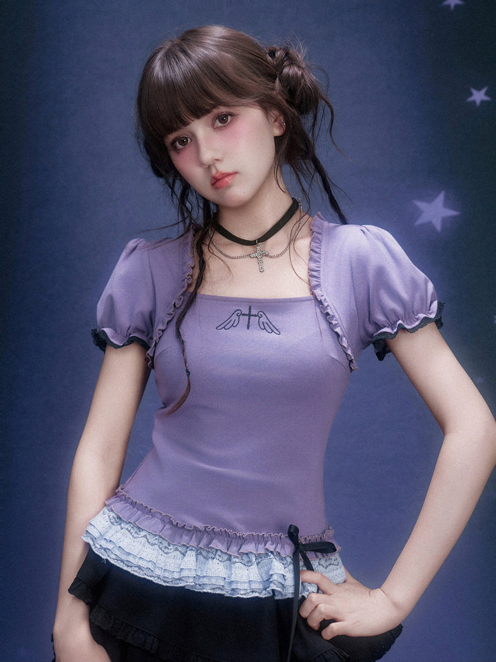 Purple Wing Motif Lace Hem Top