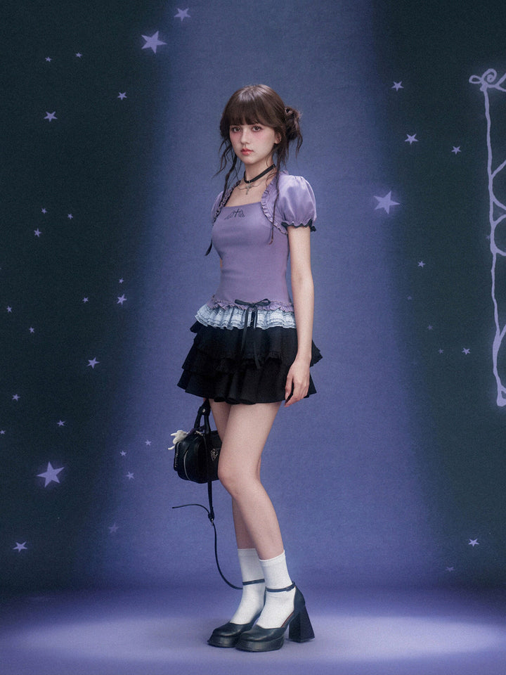 Purple Wing Motif Lace Hem Top