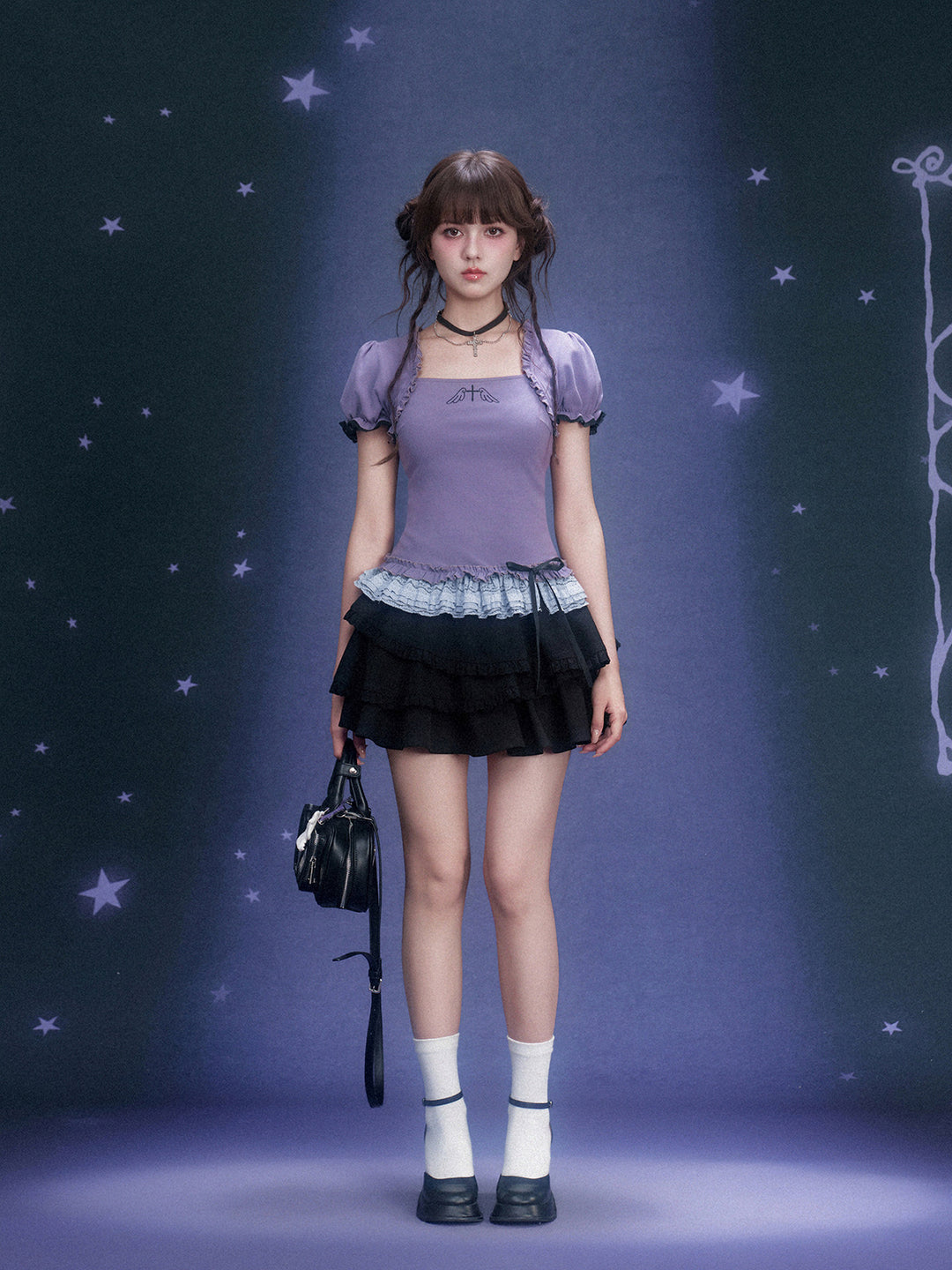 Purple Wing Motif Lace Hem Top