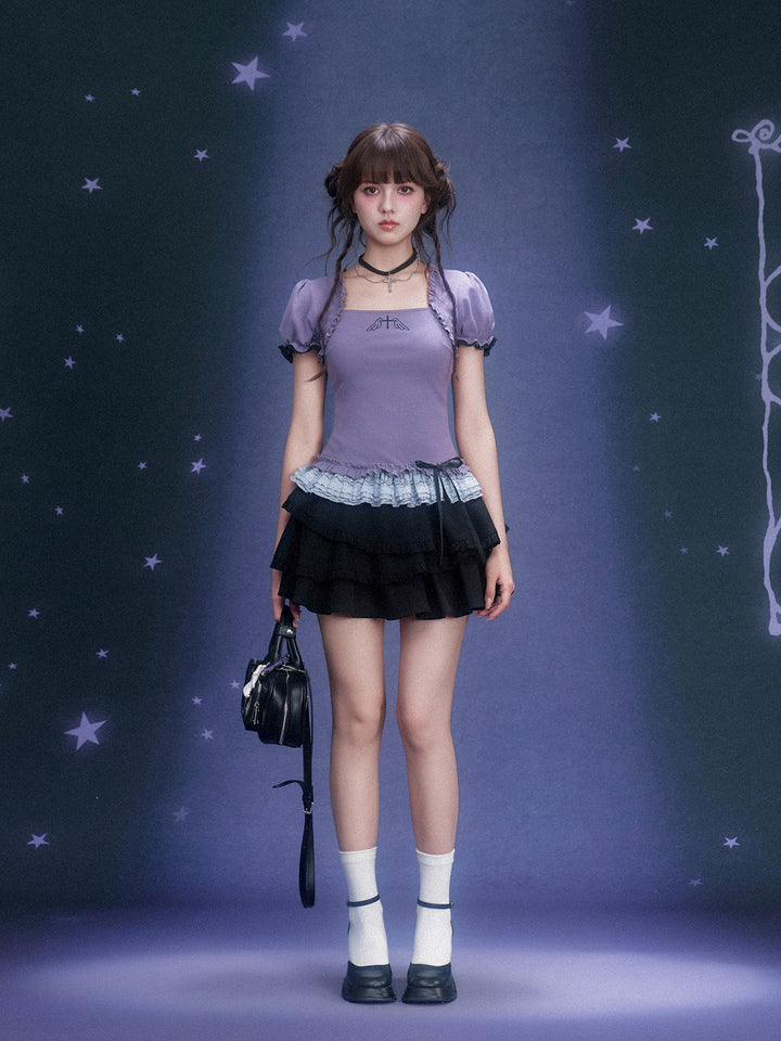 Purple Wing Motif Lace Hem Top
