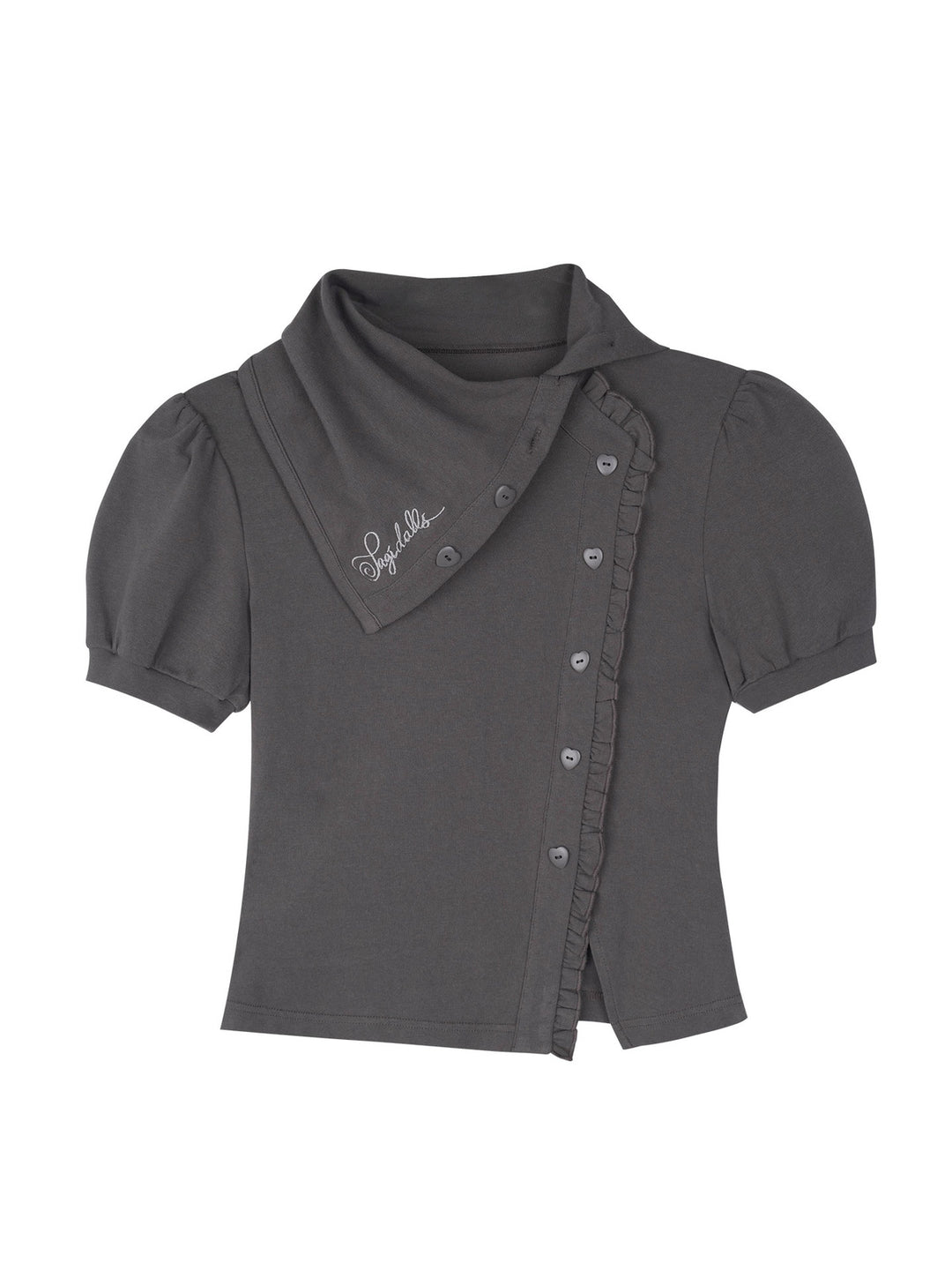 Scarf Collar Ruffle Placket T-Shirt