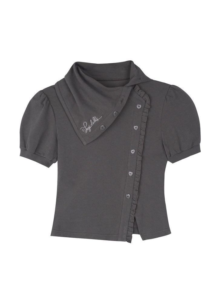 Scarf Collar Ruffle Placket T-Shirt