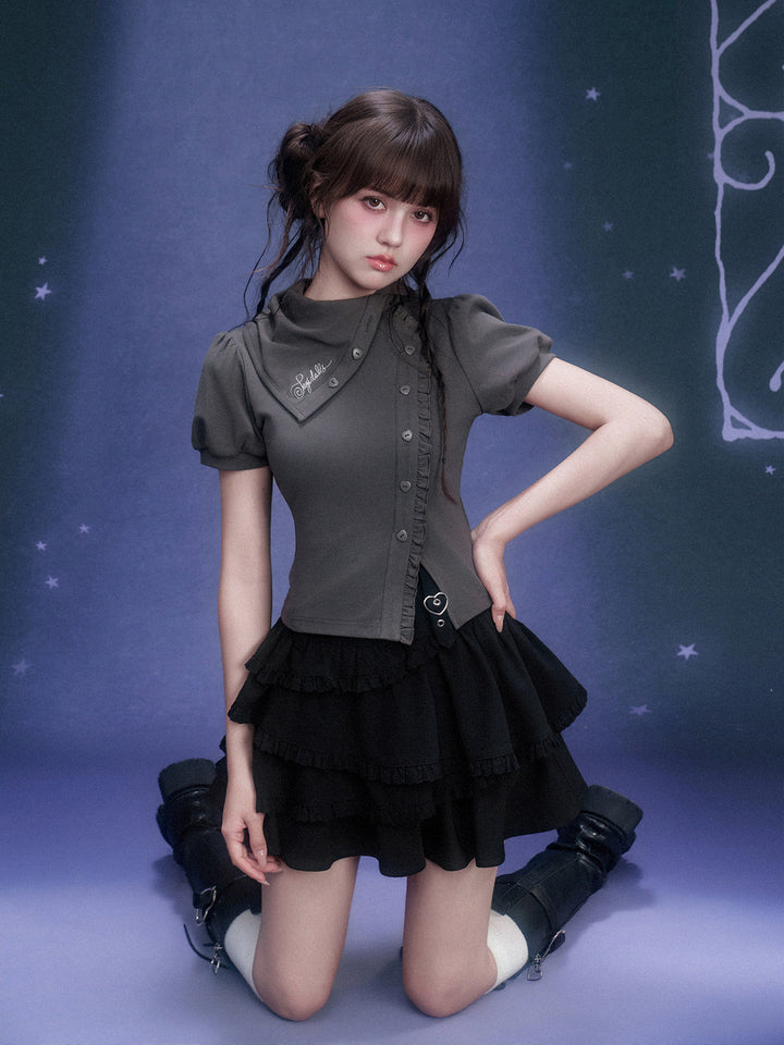 Scarf Collar Ruffle Placket T-Shirt