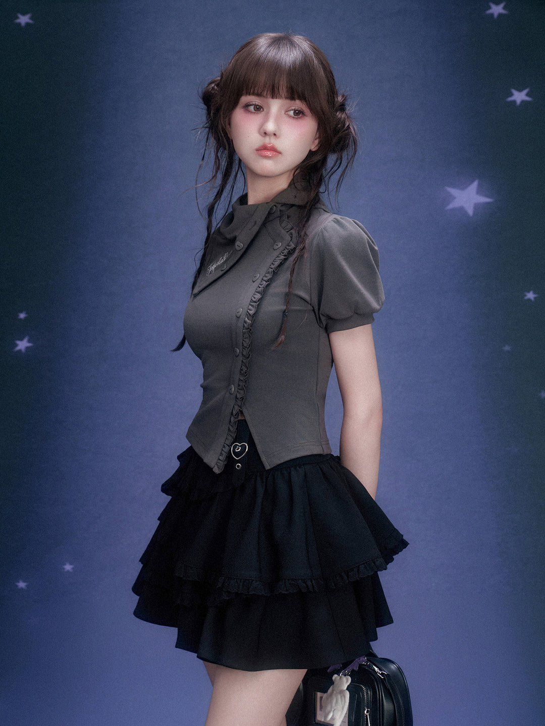 Scarf Collar Ruffle Placket T-Shirt