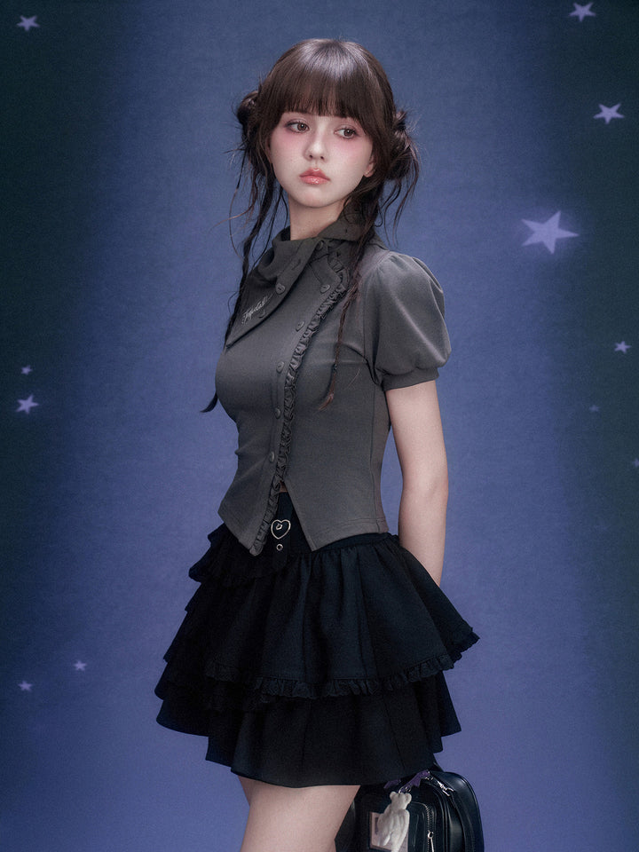 Scarf Collar Ruffle Placket T-Shirt