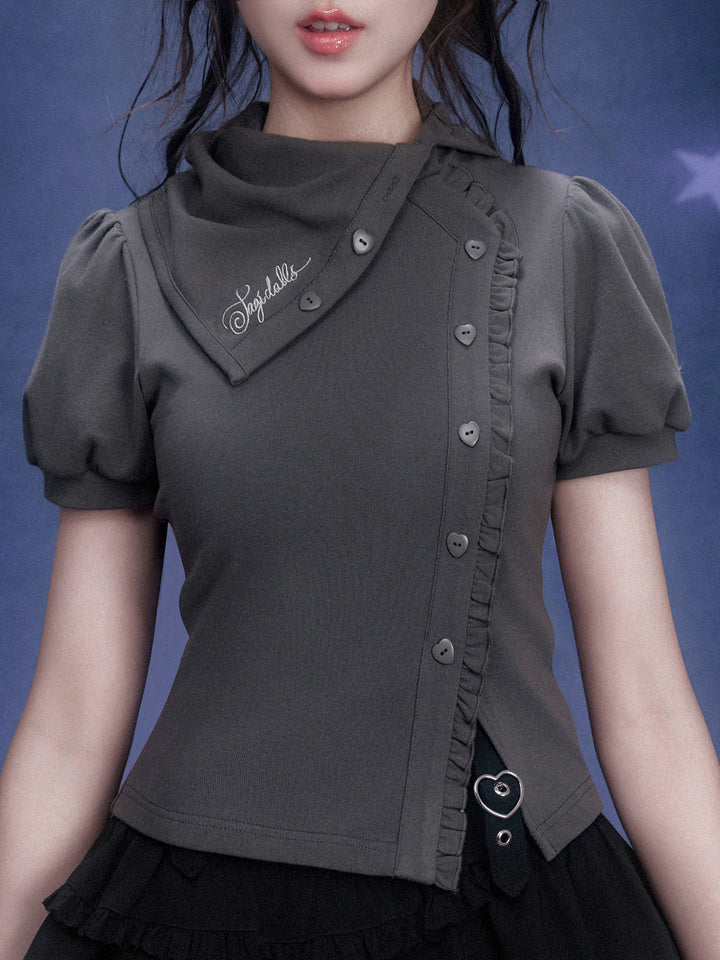 Scarf Collar Ruffle Placket T-Shirt