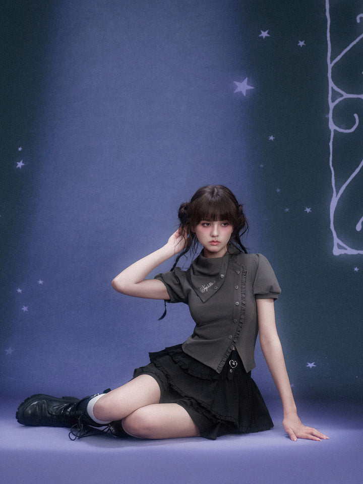 Scarf Collar Ruffle Placket T-Shirt