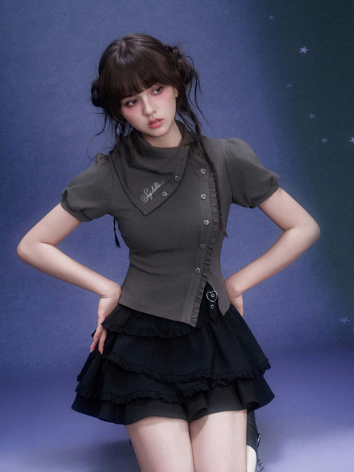 Scarf Collar Ruffle Placket T-Shirt