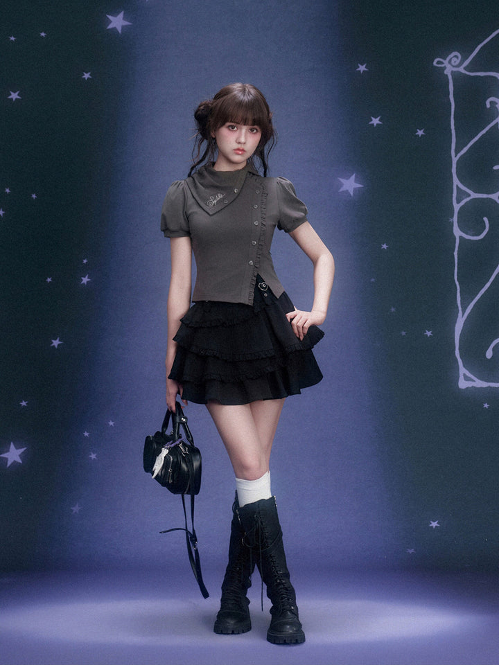 Scarf Collar Ruffle Placket T-Shirt