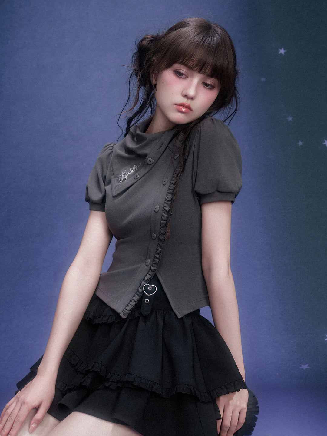 Scarf Collar Ruffle Placket T-Shirt