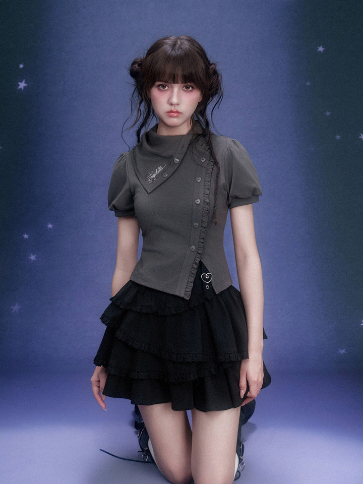 Scarf Collar Ruffle Placket T-Shirt