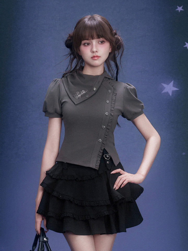Scarf Collar Ruffle Placket T-Shirt