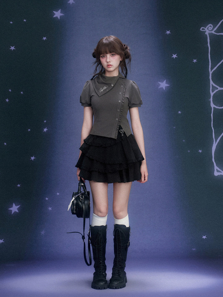 Scarf Collar Ruffle Placket T-Shirt
