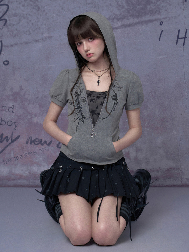 Cross Graphic Star Mesh Zip Hoodie
