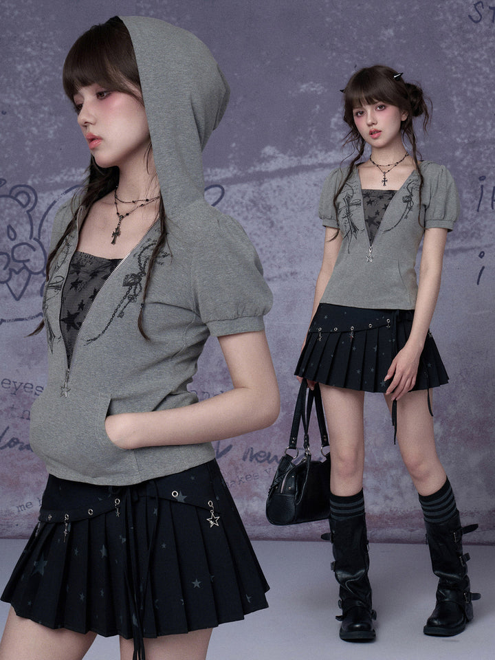 Cross Graphic Star Mesh Zip Hoodie