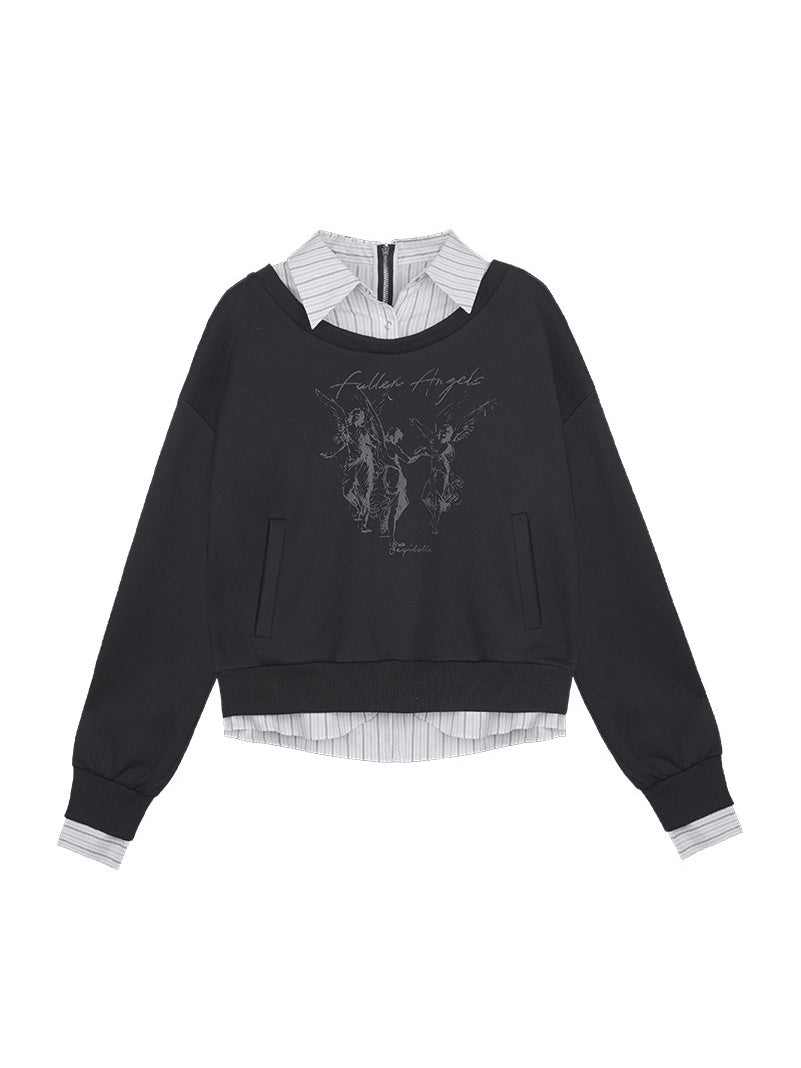 Layered Pinstripe Collar Graphic Hoodie