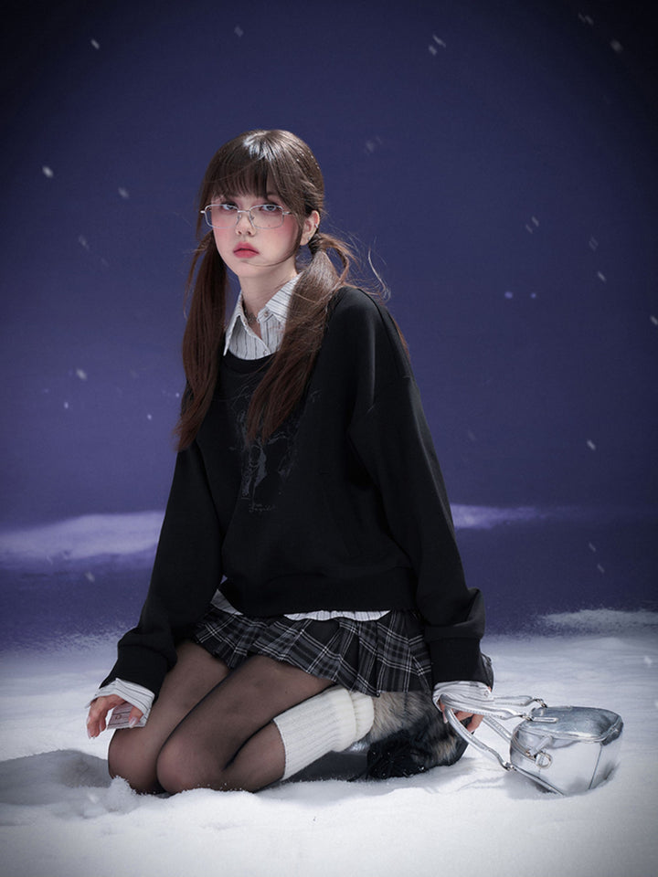 Layered Pinstripe Collar Graphic Hoodie