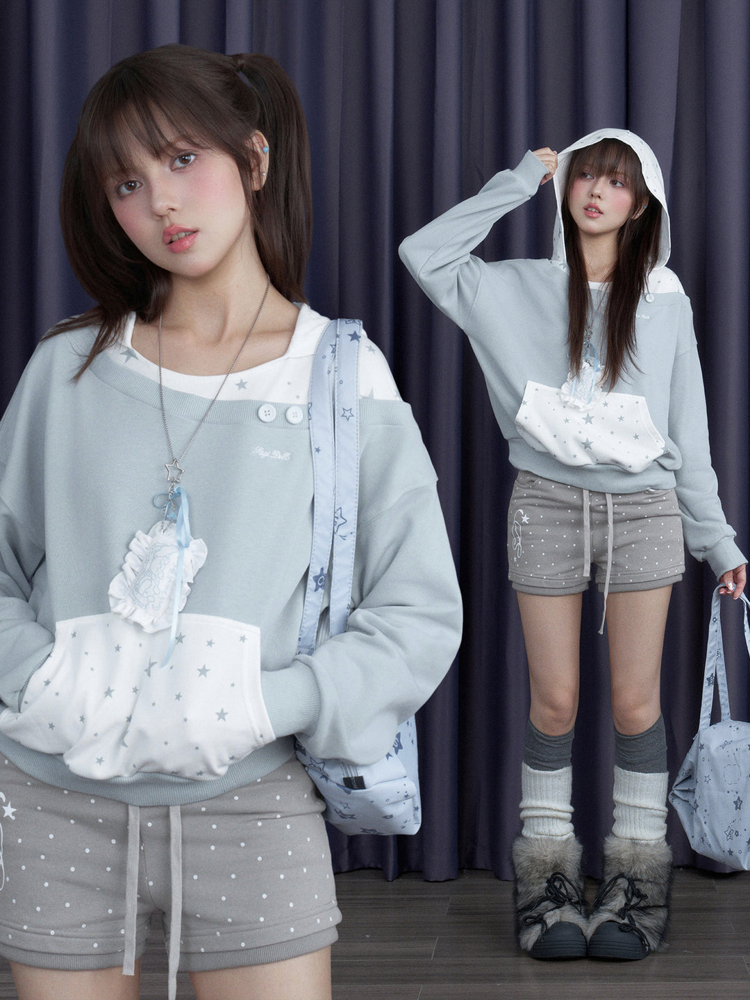 Star Print Layered Off-Shoulder Hoodie