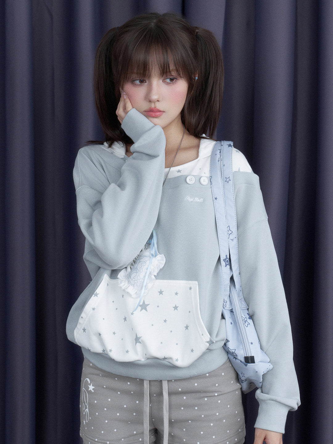 Star Print Layered Off-Shoulder Hoodie