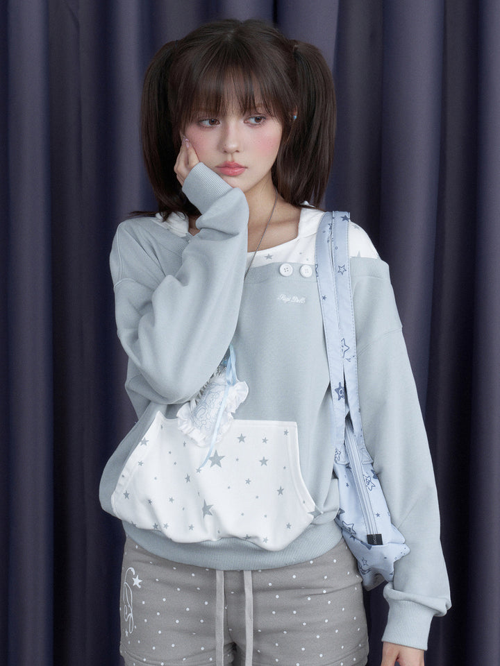 Star Print Layered Off-Shoulder Hoodie