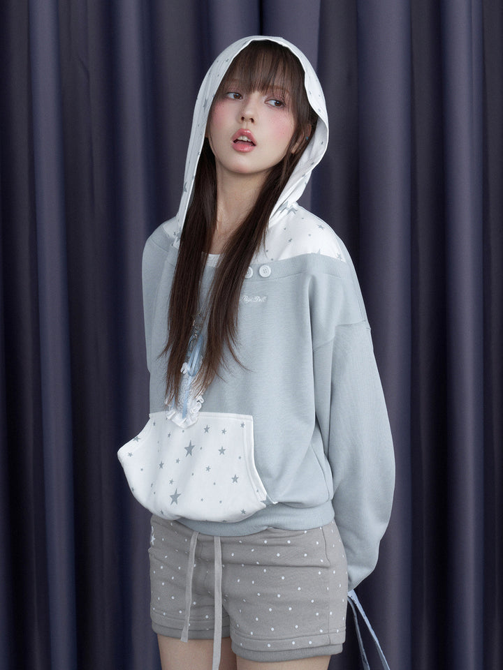 Star Print Layered Off-Shoulder Hoodie