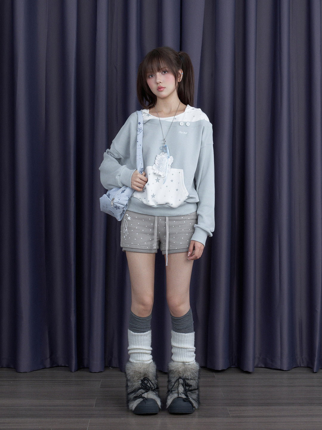Star Print Layered Off-Shoulder Hoodie