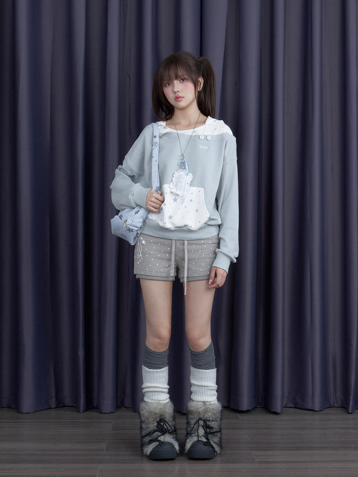 Star Print Layered Off-Shoulder Hoodie