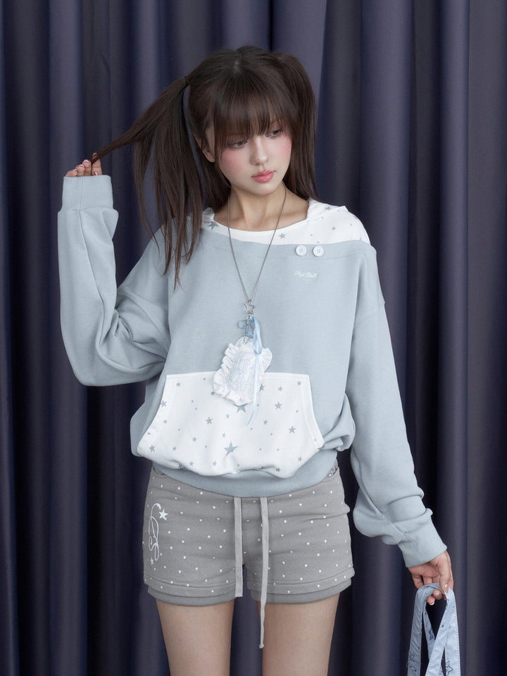 Star Print Layered Off-Shoulder Hoodie