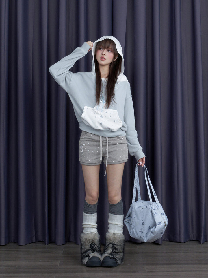 Star Print Layered Off-Shoulder Hoodie