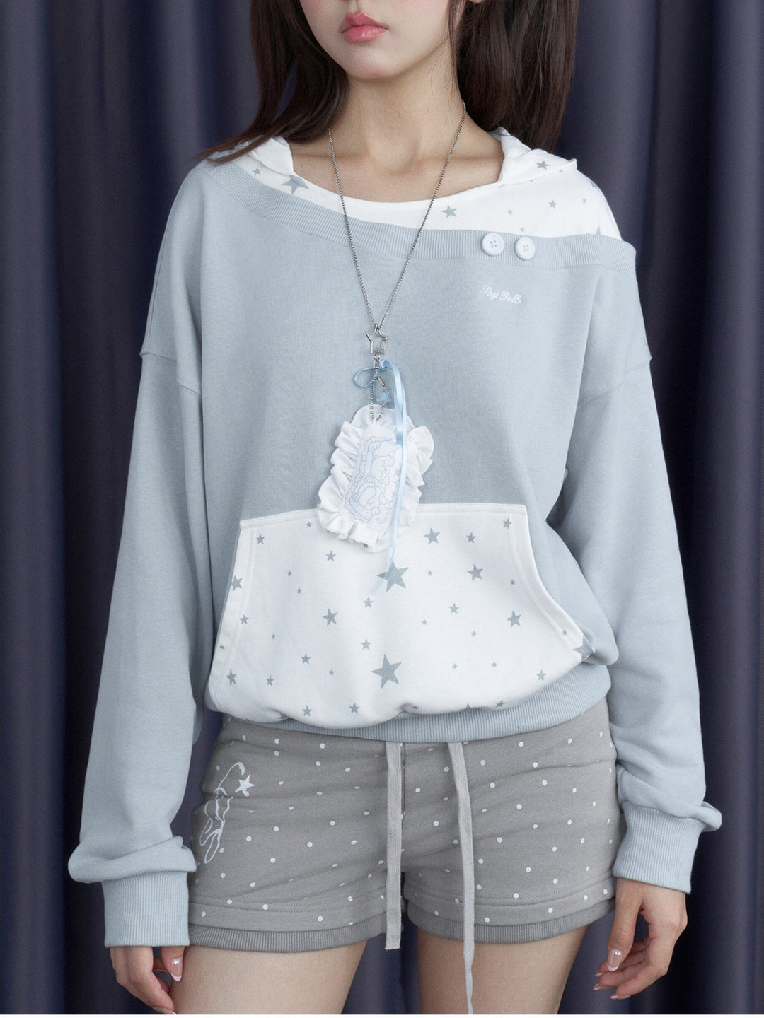 Star Print Layered Off-Shoulder Hoodie