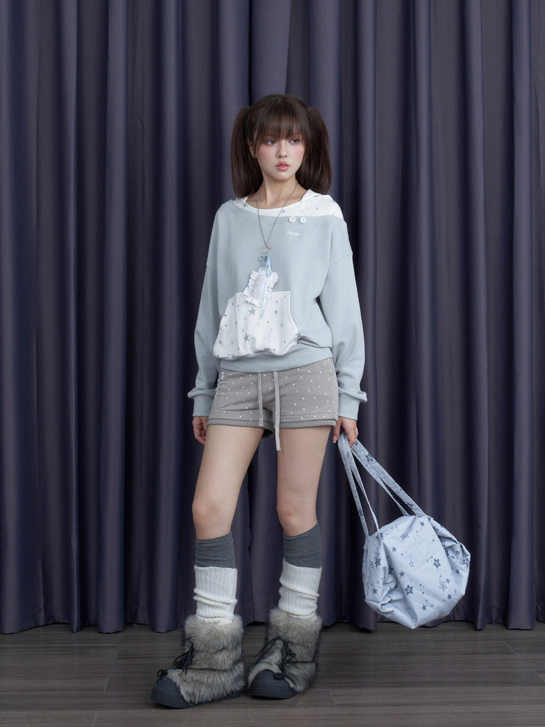 Star Print Layered Off-Shoulder Hoodie