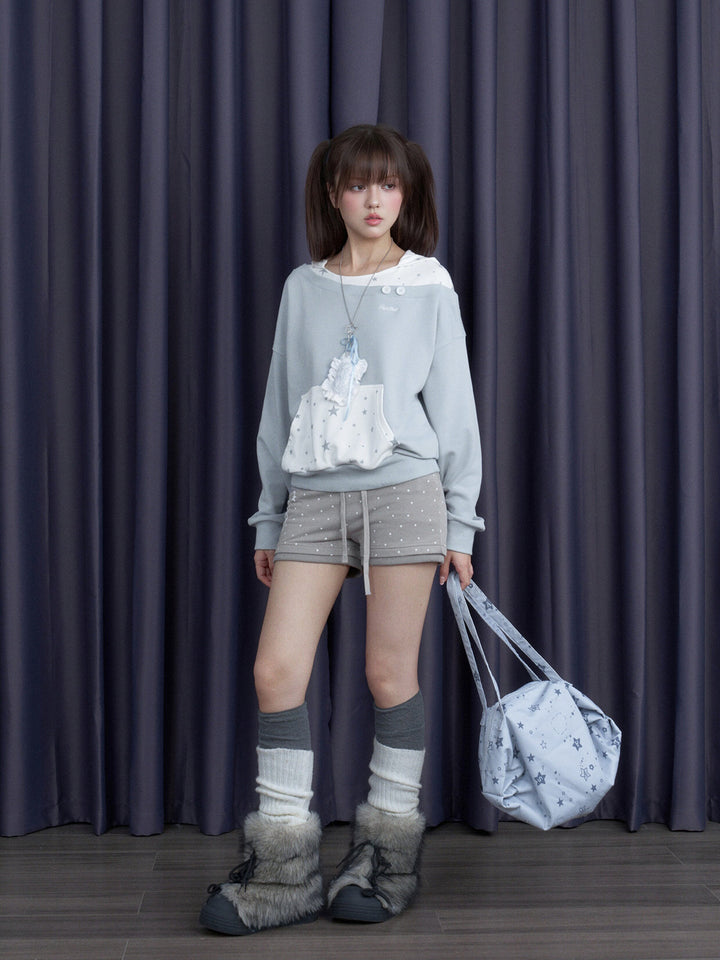 Star Print Layered Off-Shoulder Hoodie
