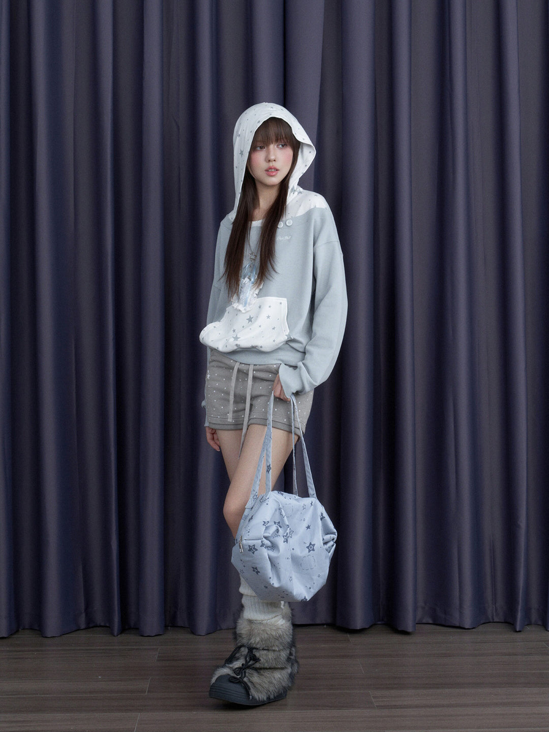 Star Print Layered Off-Shoulder Hoodie