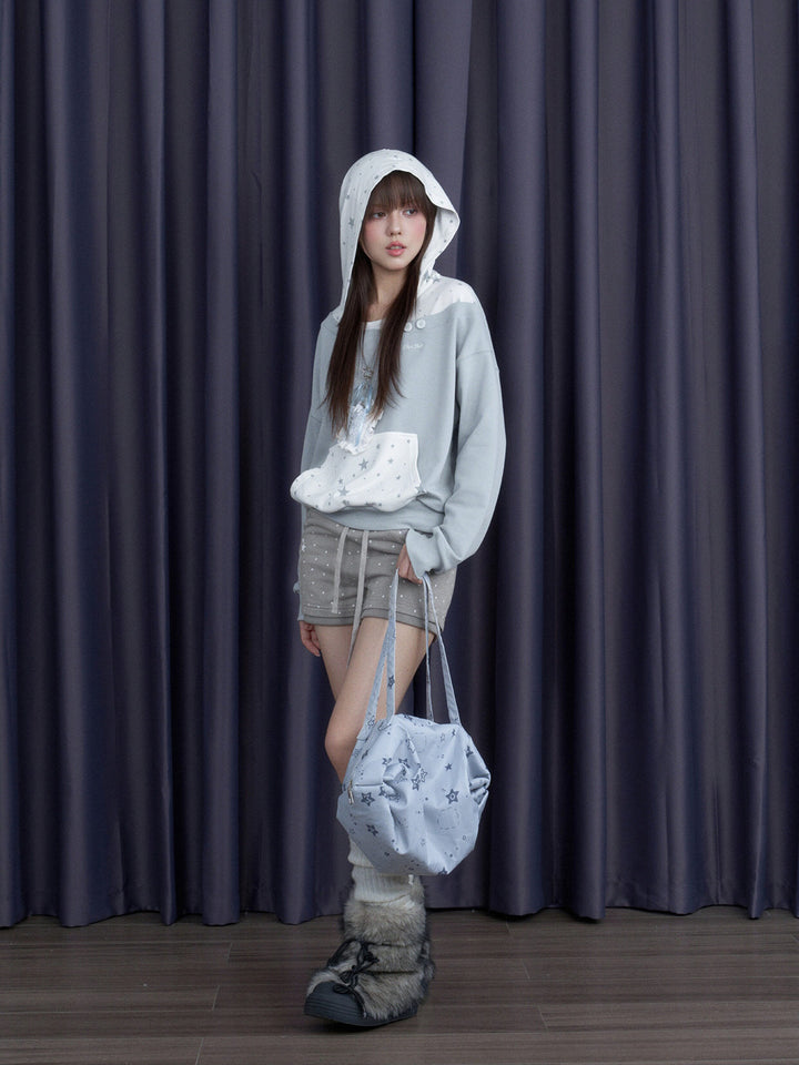 Star Print Layered Off-Shoulder Hoodie