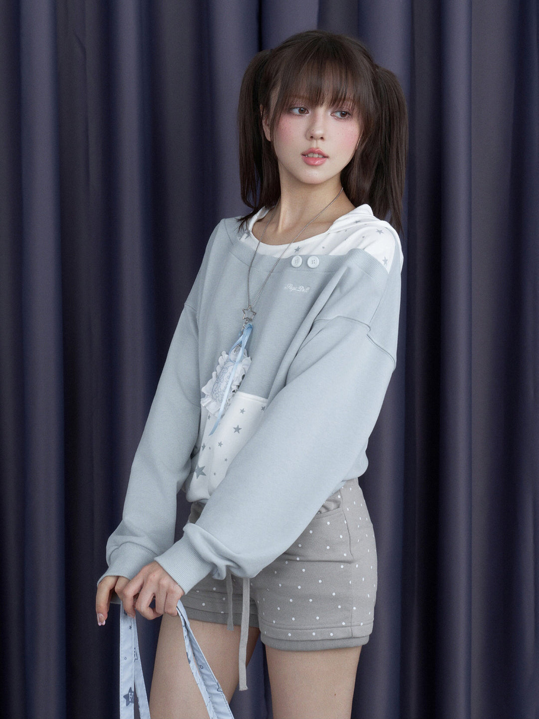 Star Print Layered Off-Shoulder Hoodie