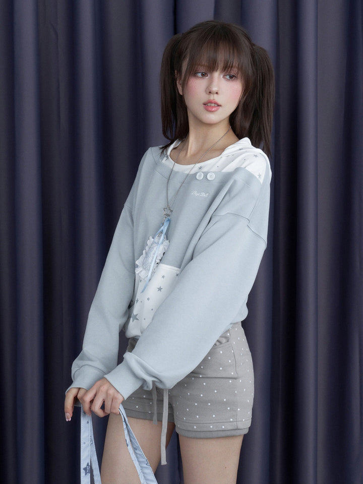 Star Print Layered Off-Shoulder Hoodie